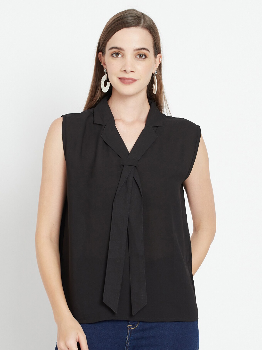 

Purple State Black Solid Crepe Blouson Top