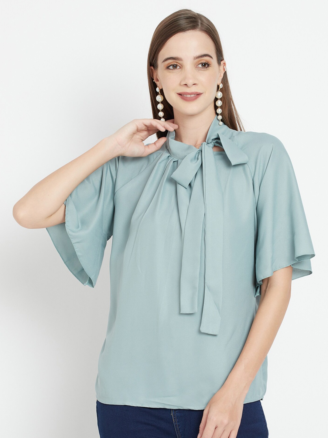 

Purple State Turquoise Blue Tie-Up Neck Crepe Blouson Top