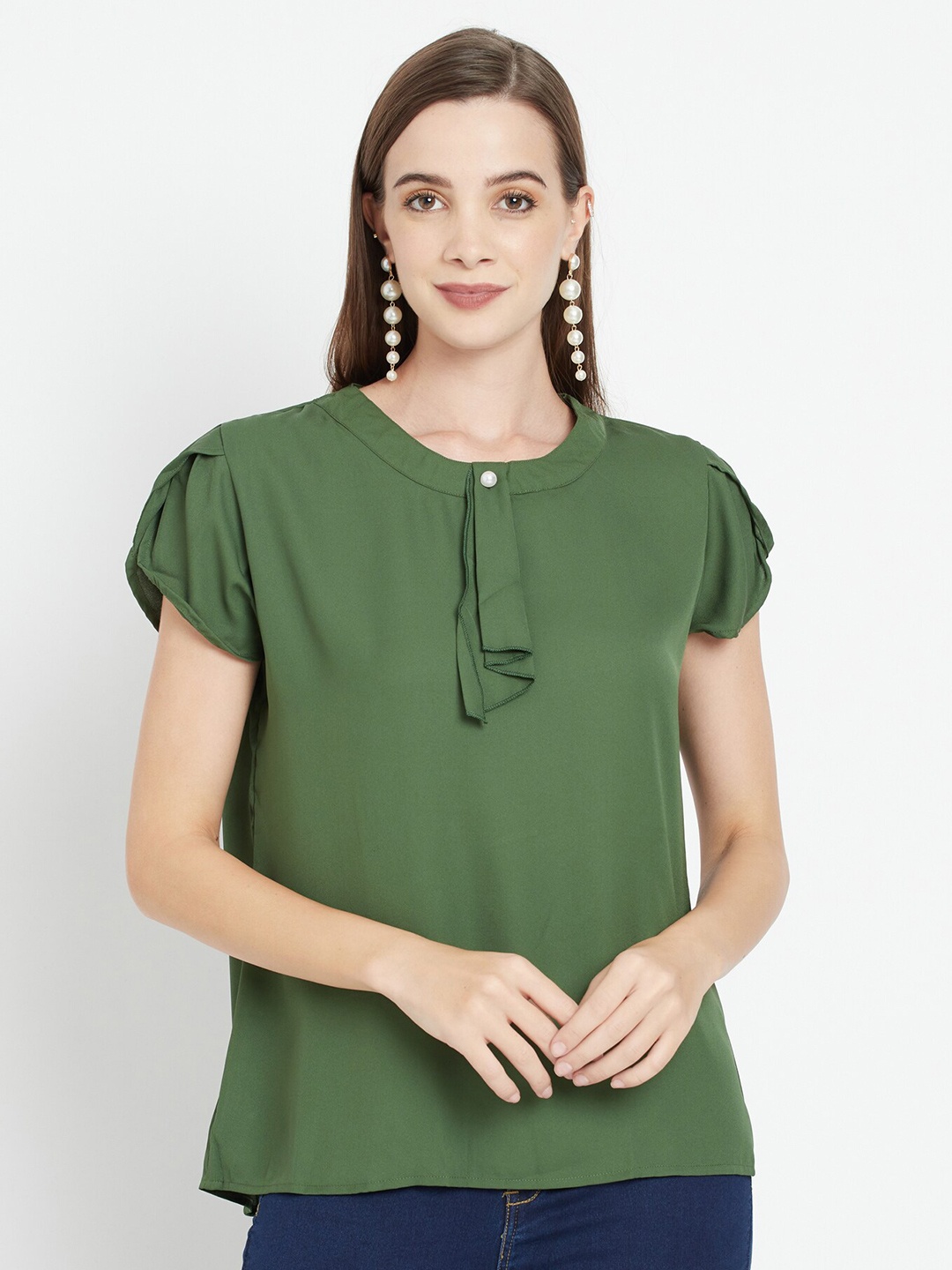 

Purple State Green Solid Tie-Up Neck Crepe Blouson Top