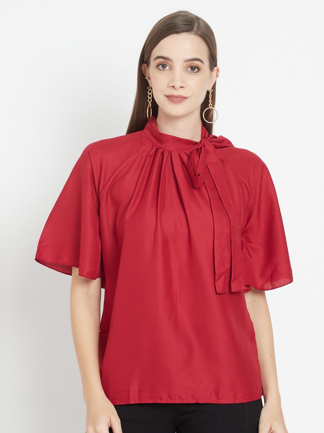 

Purple State Red Solid Tie-Up Neck Crepe Regular Top