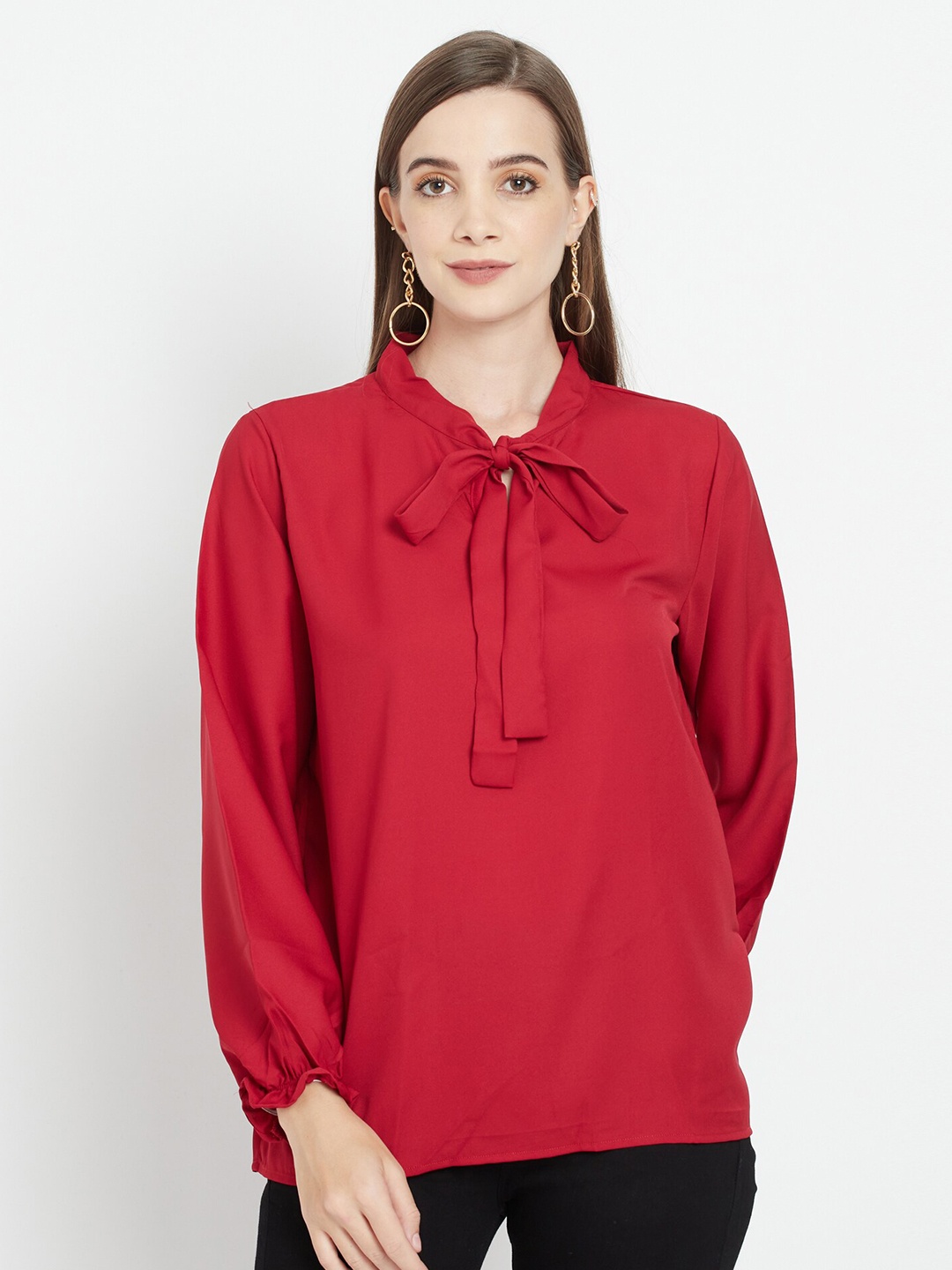 

Purple State Red Solid Tie-Up Neck Crepe Blouson Top