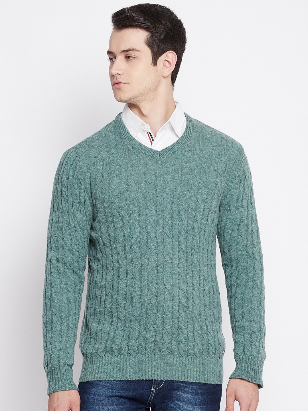 

Octave Men Green Cable Knit Lamb Wool Pullover