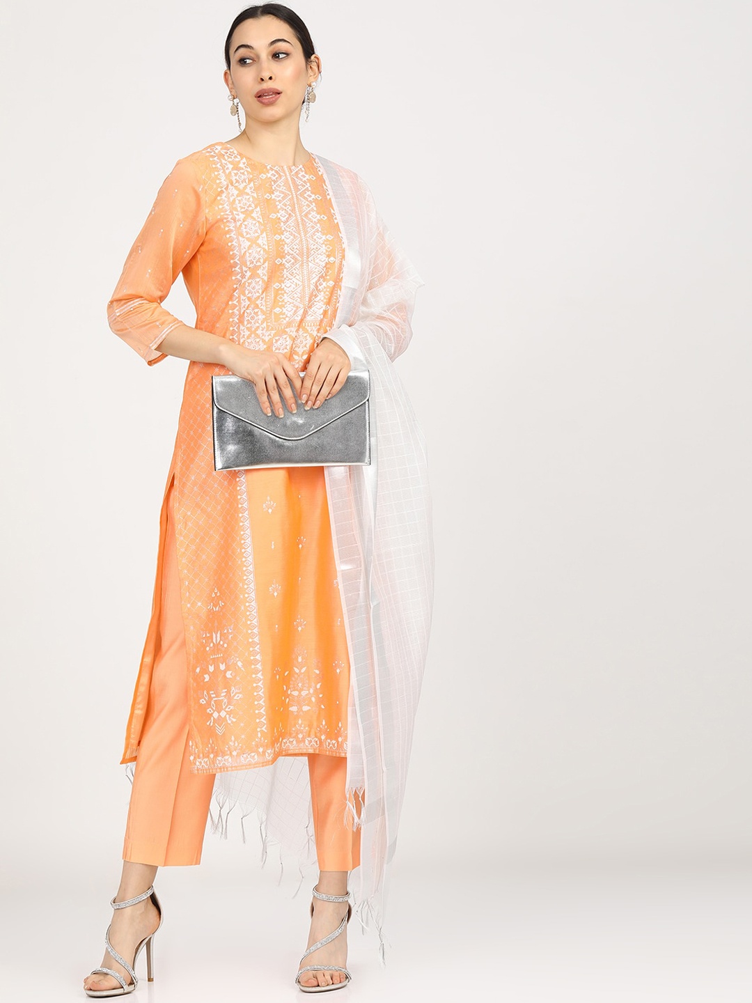 

Vishudh Women Orange Ethnic Motifs Printed Kurti with Trousers & With Dupatta