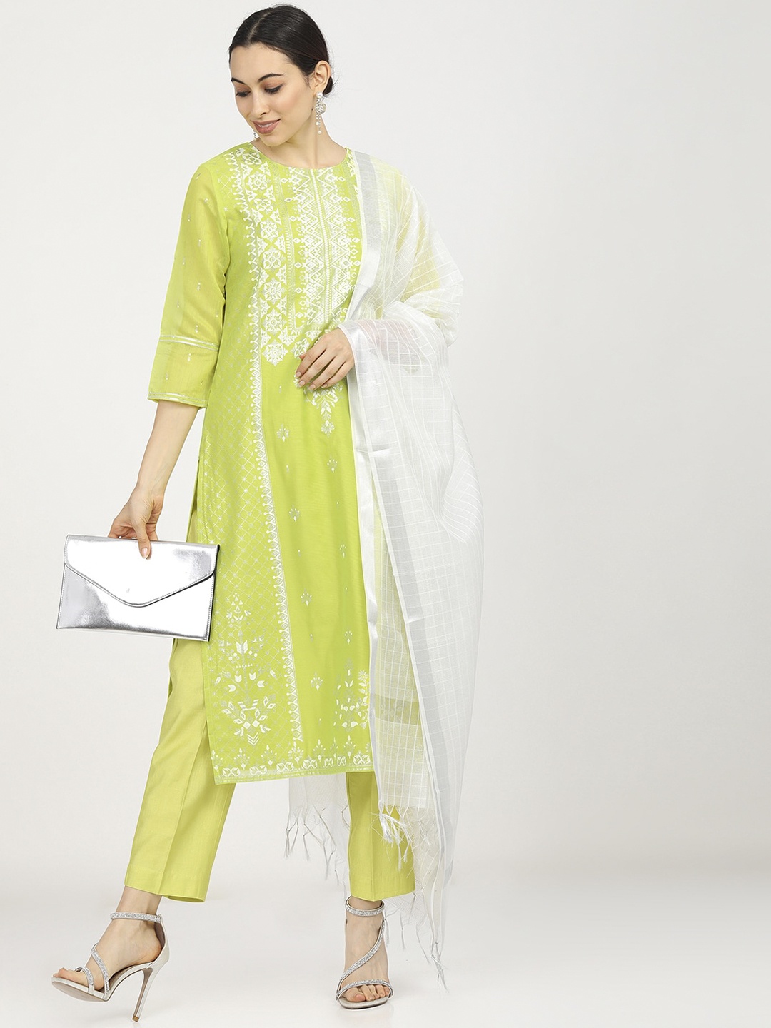 

Vishudh Women Lime Green Printed Regular Kurta with Trousers