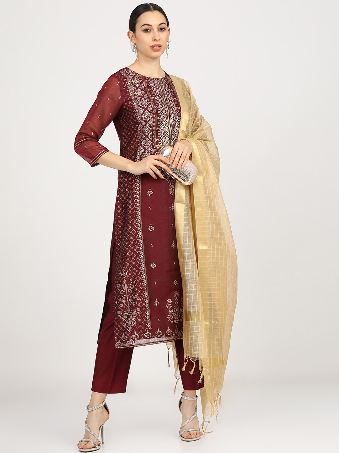 

Vishudh Women Maroon Ethnic Motifs Regular Kurta with Palazzos & With Dupatta