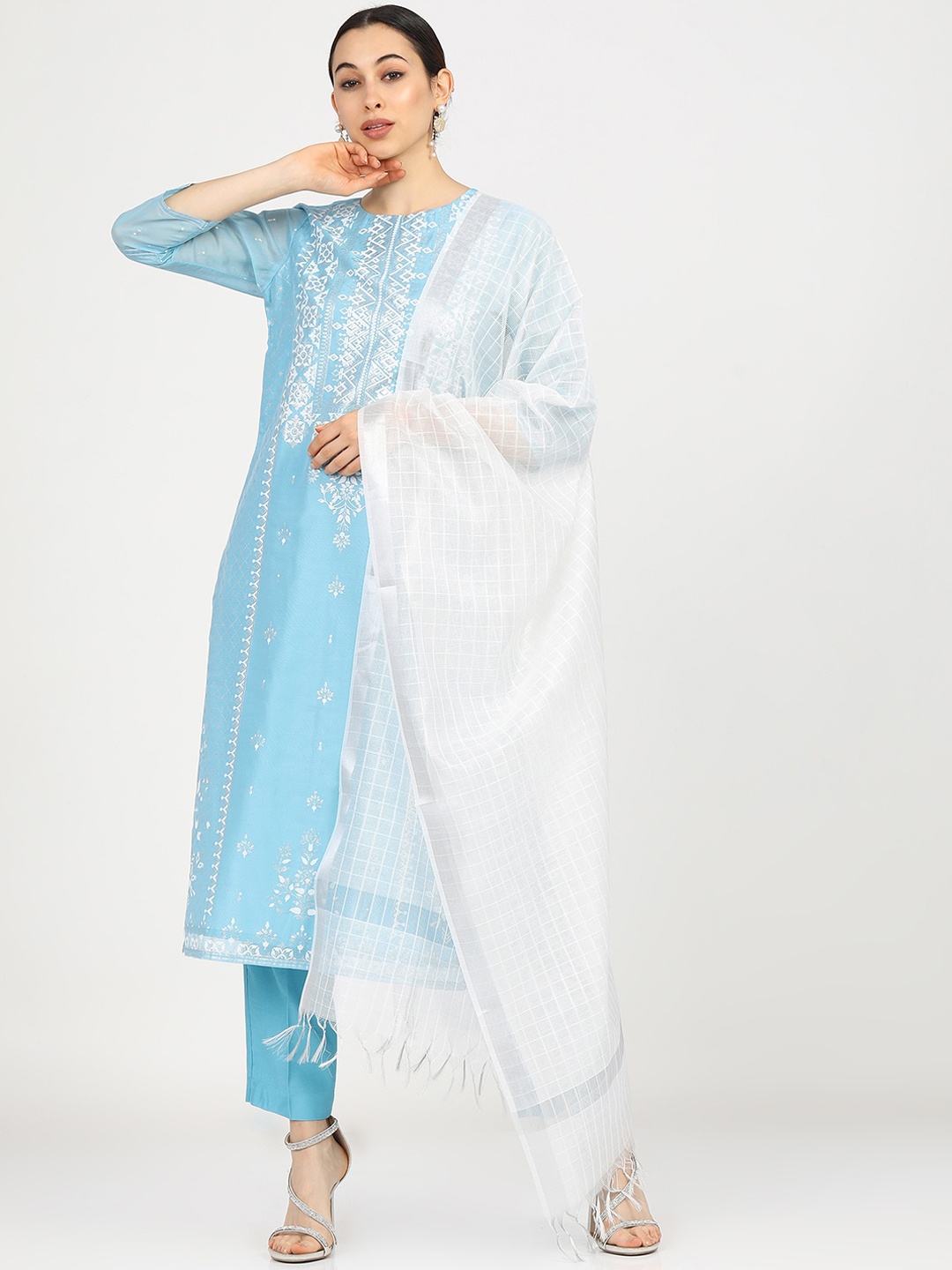 

Vishudh Women Blue Ethnic Motifs Printed Kurta with Trousers & With Dupatta