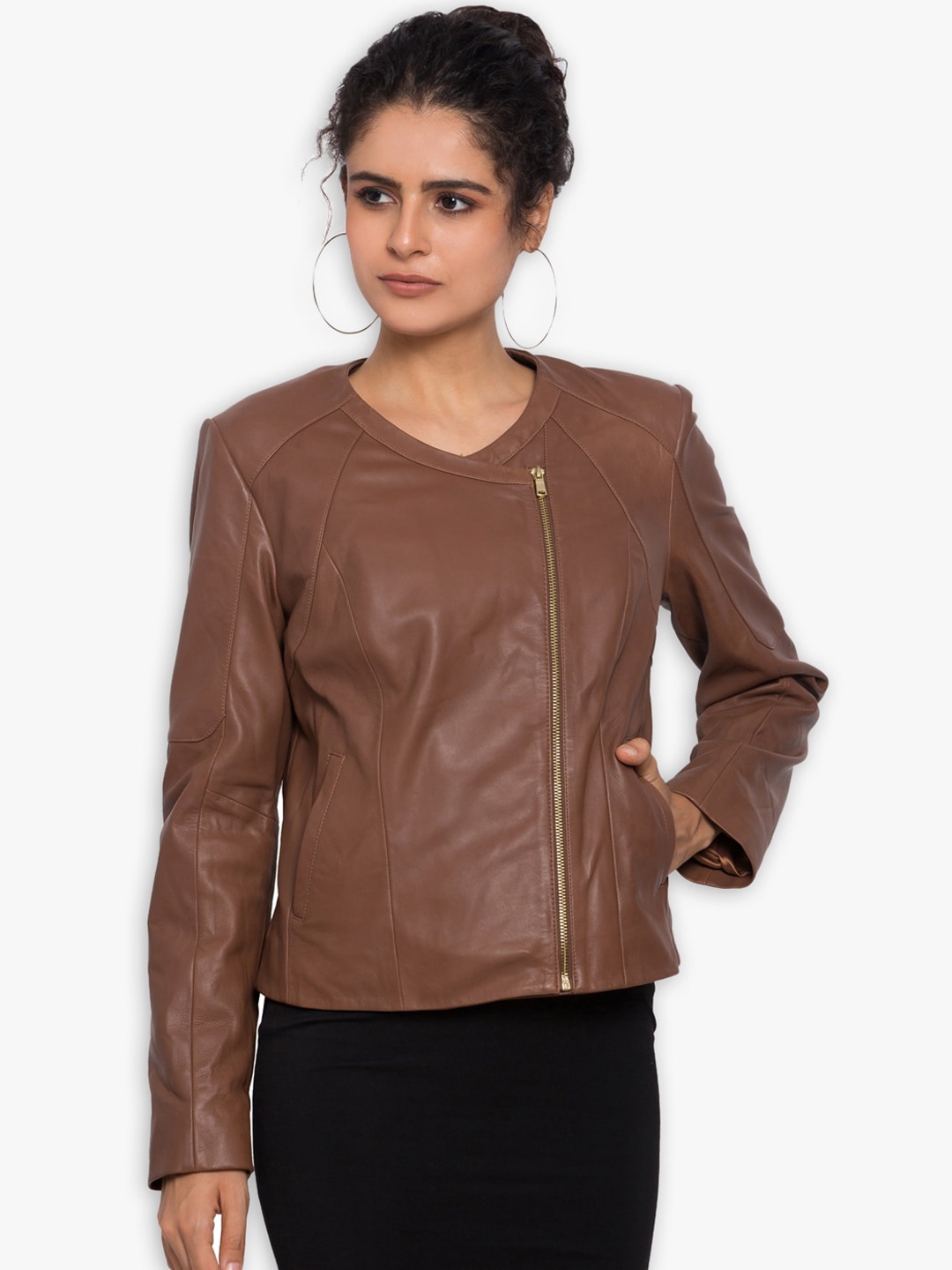 

Justanned Women Tan Leather Crop Outdoor Tailored Jacket