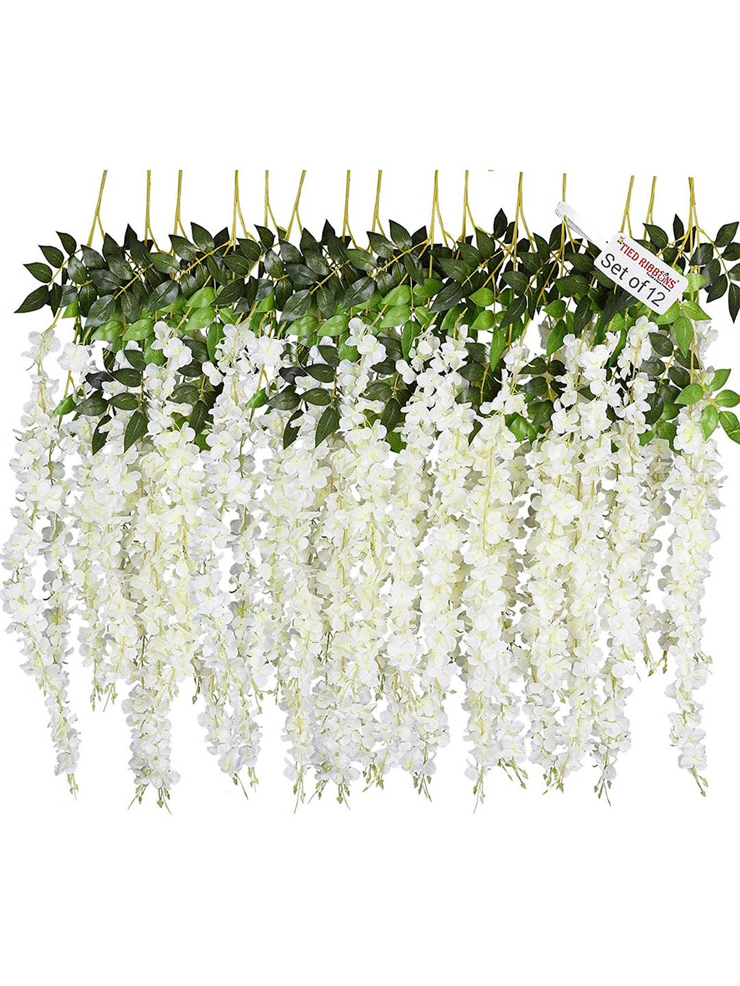 

TIED RIBBONS Set Of 12 White & Green Artificial Hanging Wisteria Flower-Strings