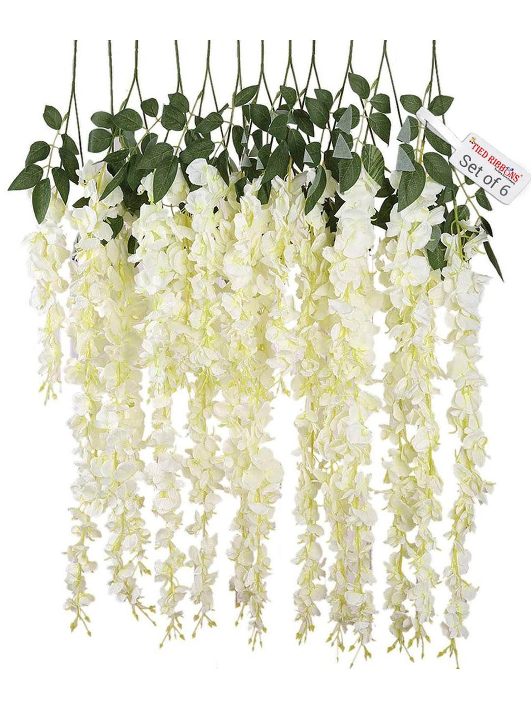 

TIED RIBBONS Set Of 6 White & Green Artificial Hanging Wisteria Flower-Strings