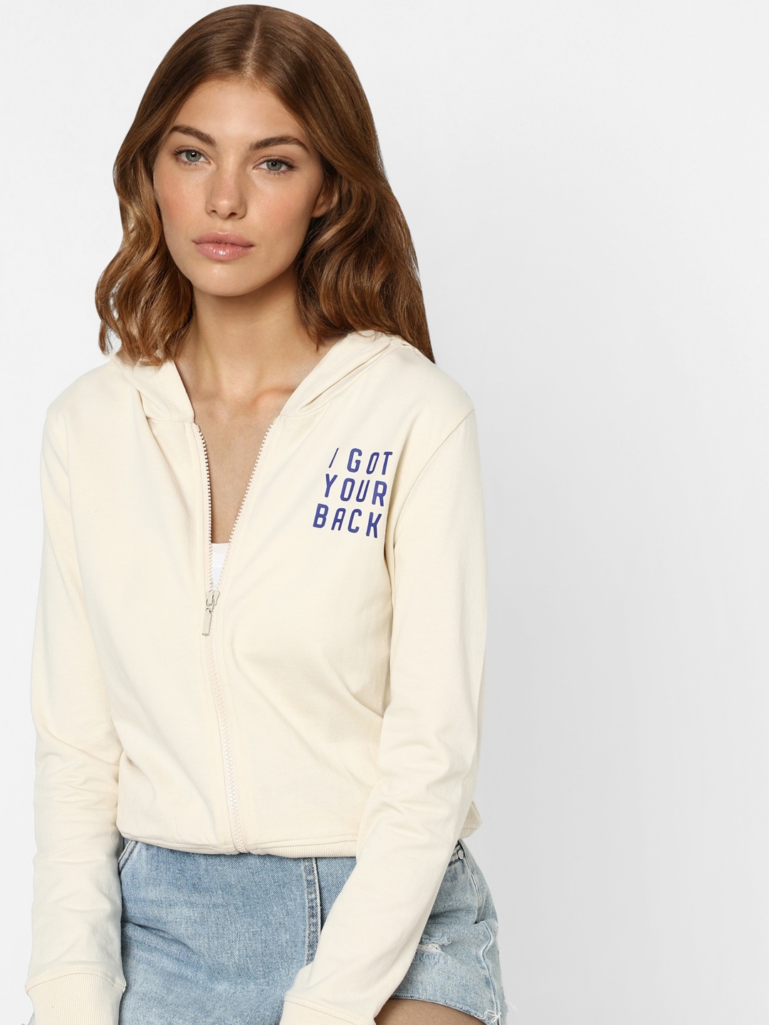 

ONLY Women Cream-Coloured Printed Hooded Cotton Sweatshirt