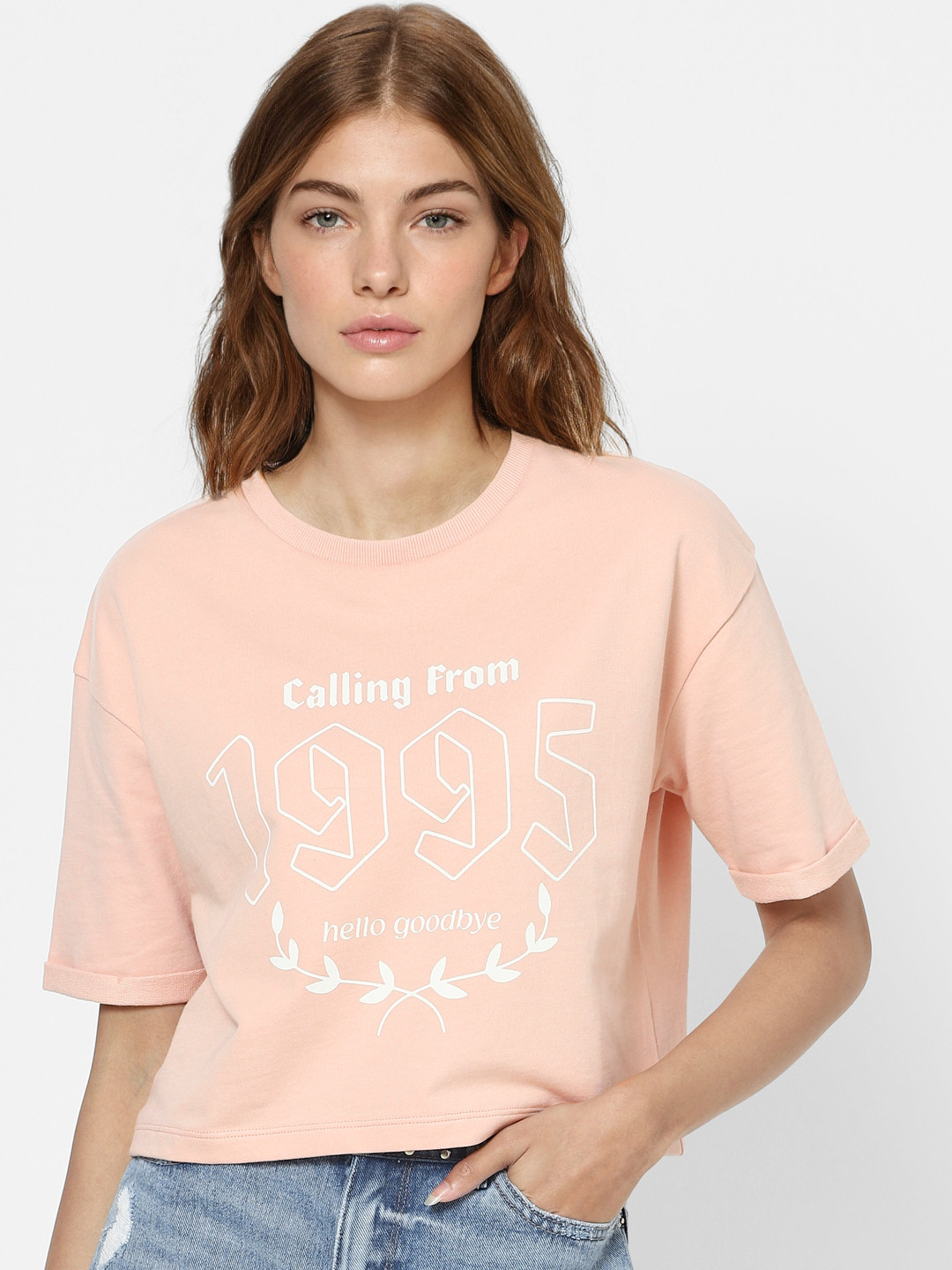 

ONLY Women Pink & White Pure Cotton Printed Crop Sweatshirt