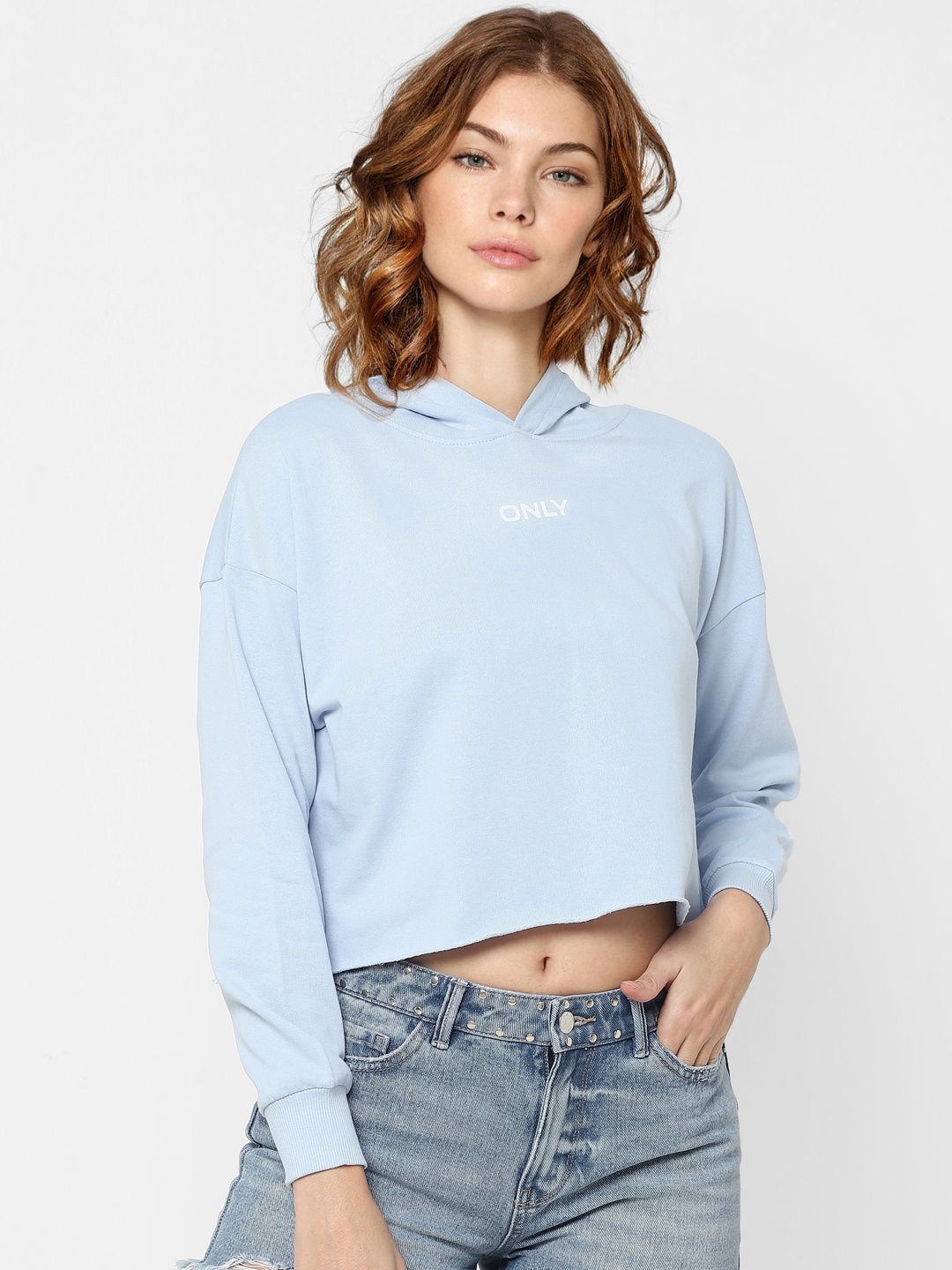 

ONLY Women Blue Pure Cotton Printed Hooded Crop Sweatshirt