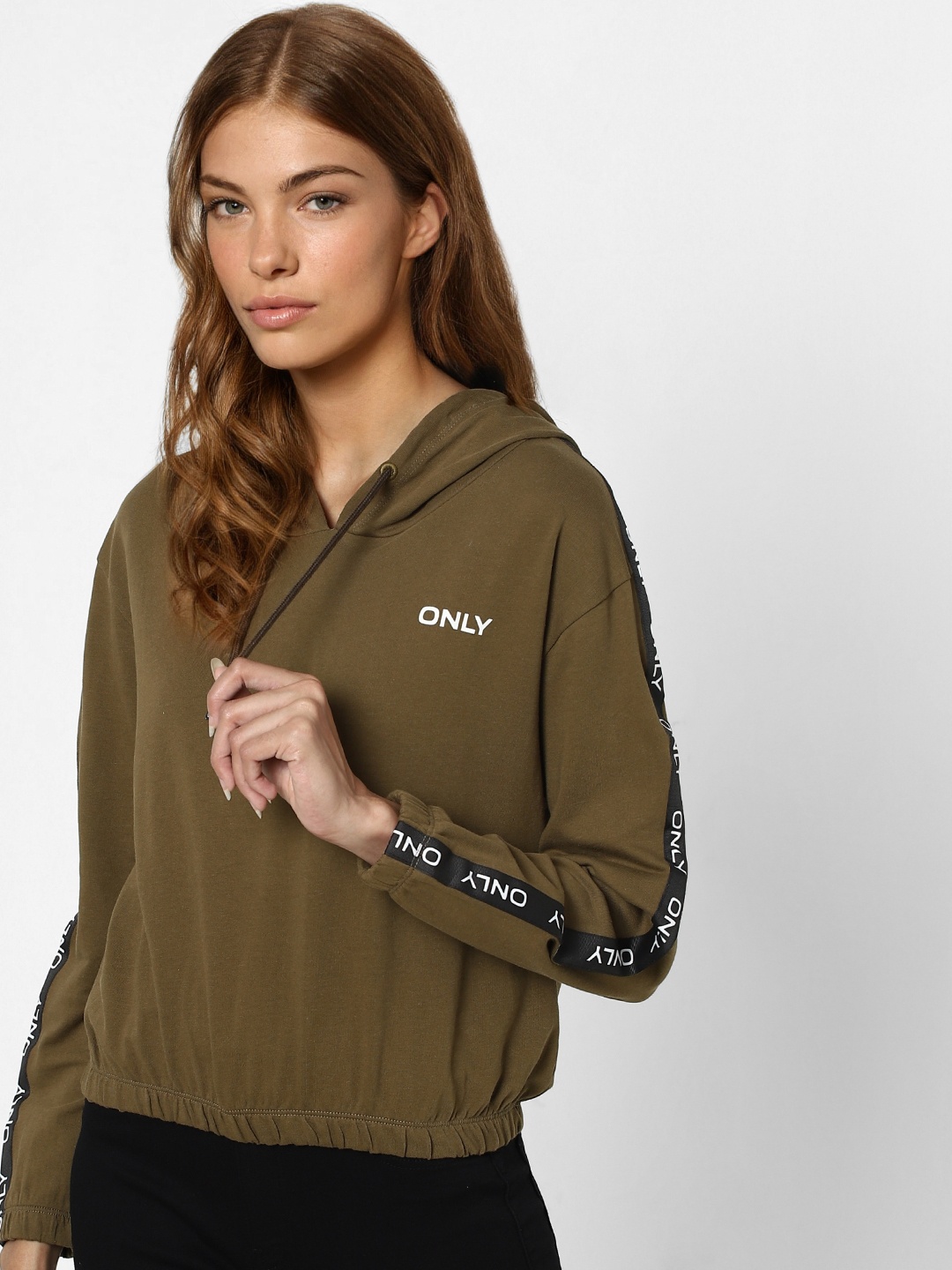 

ONLY Women Olive Green Hooded Cotton Sweatshirt