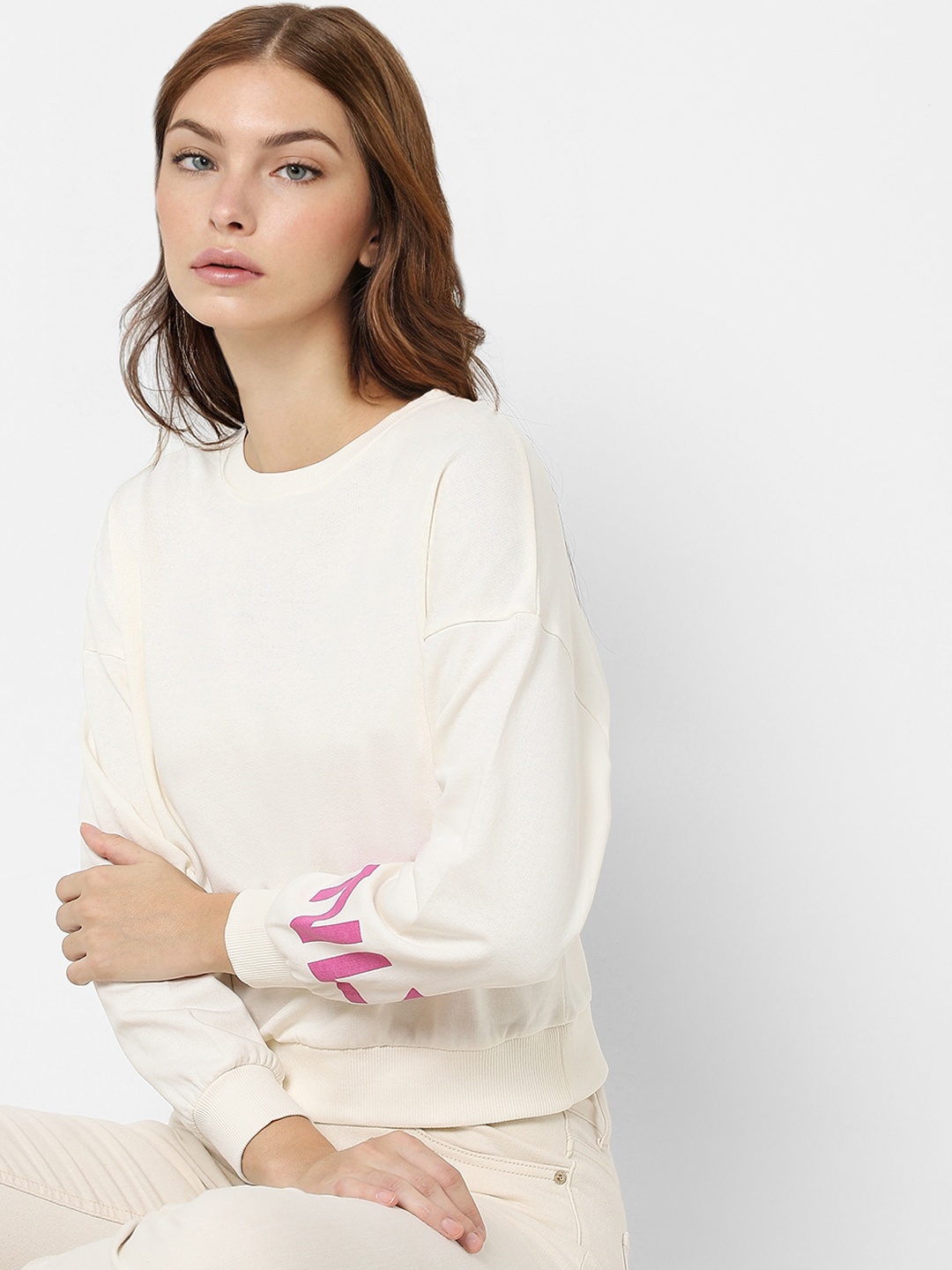 

ONLY Women Off White Cotton Sweatshirt