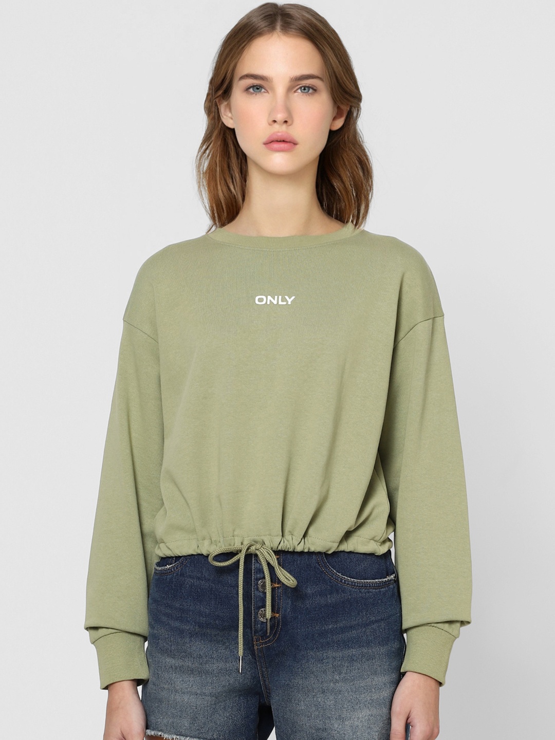 

ONLY Women Olive Green Pure Cotton Printed Crop Sweatshirt
