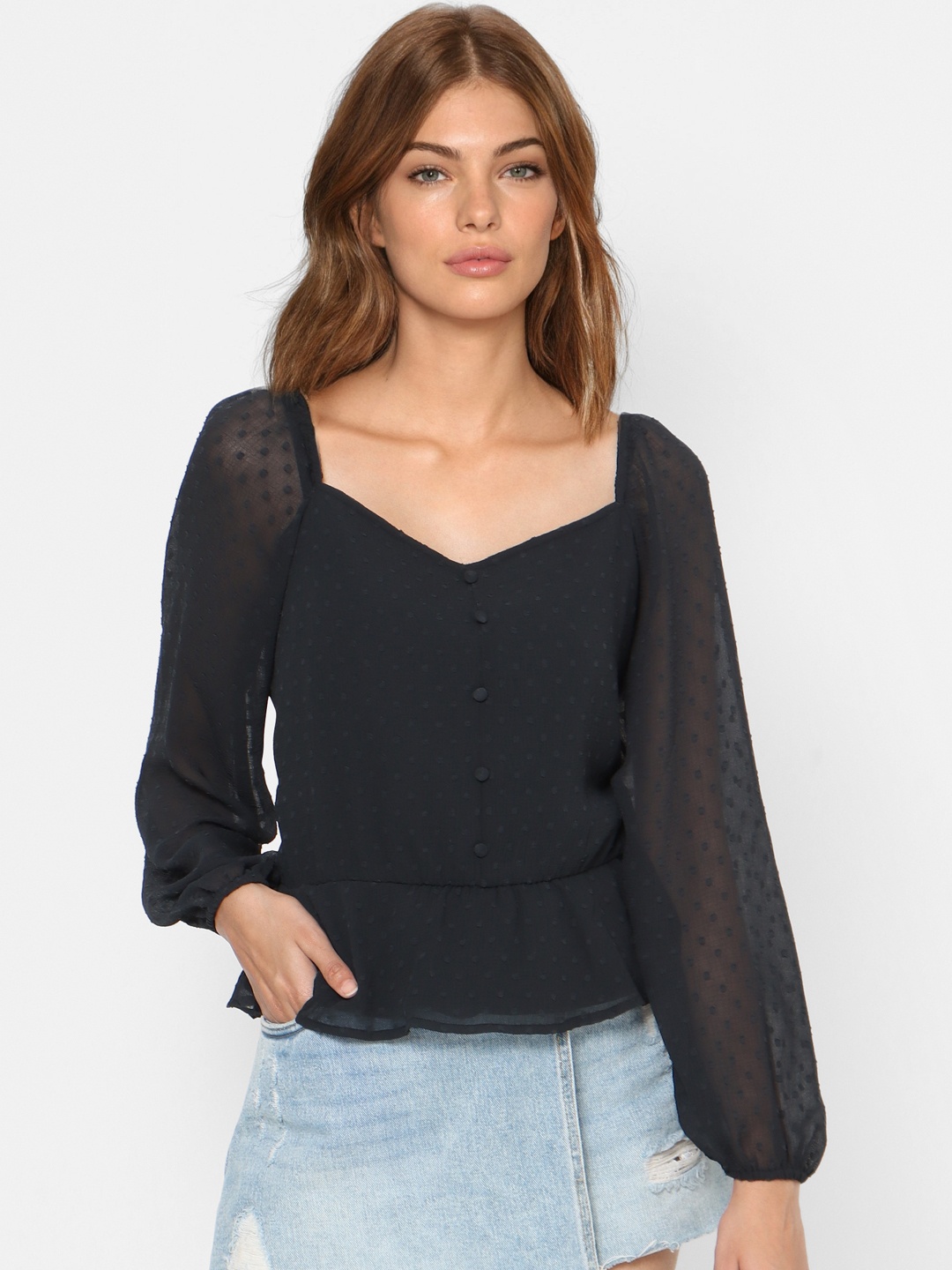 

ONLY Women Black Dobby Weave Sweetheart Neck Top