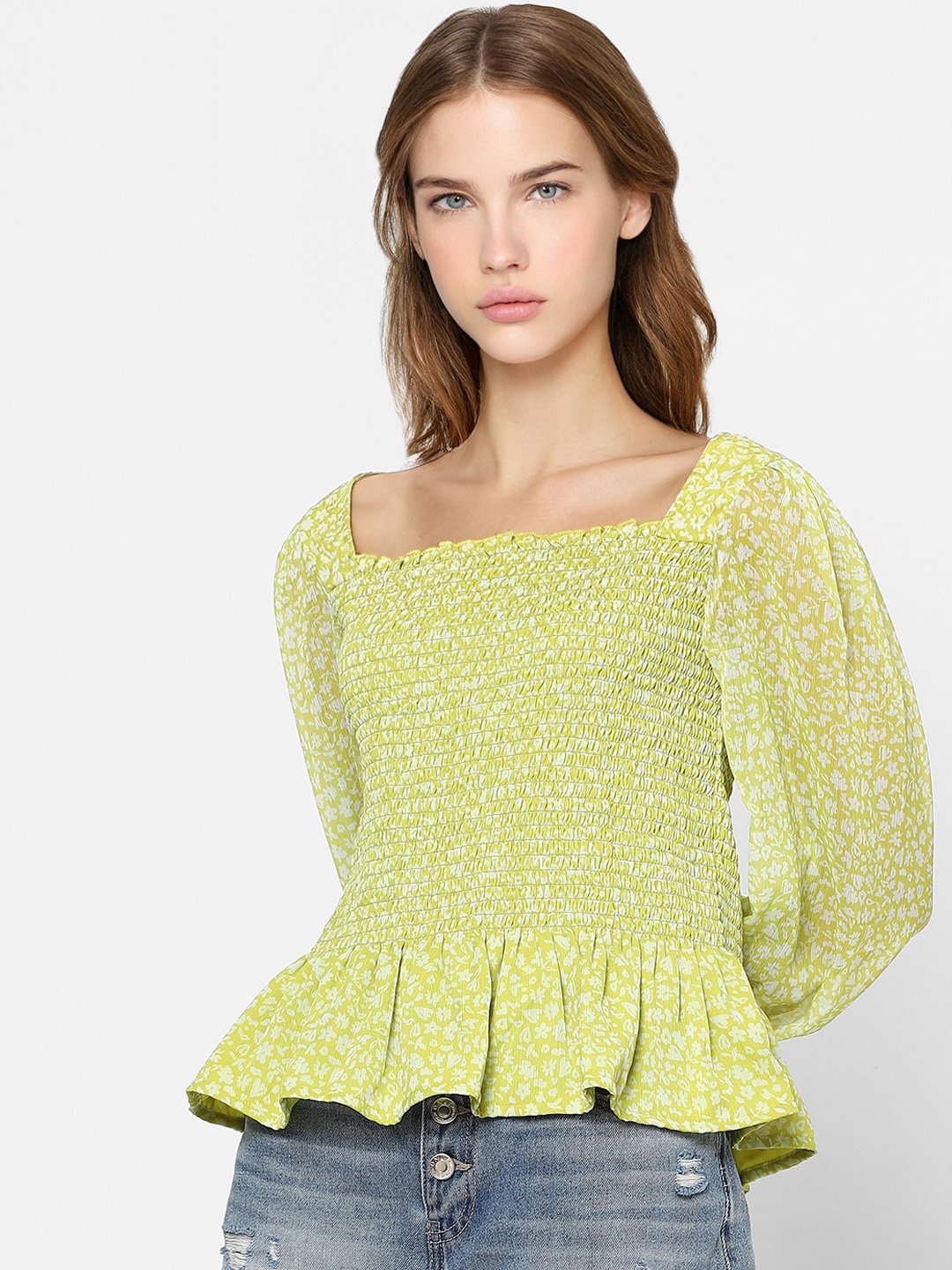 

ONLY Green & White Floral Smocked A-Line Top