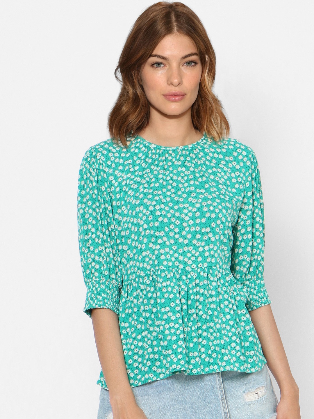 

ONLY Turquoise Blue & White Floral A-Line Top