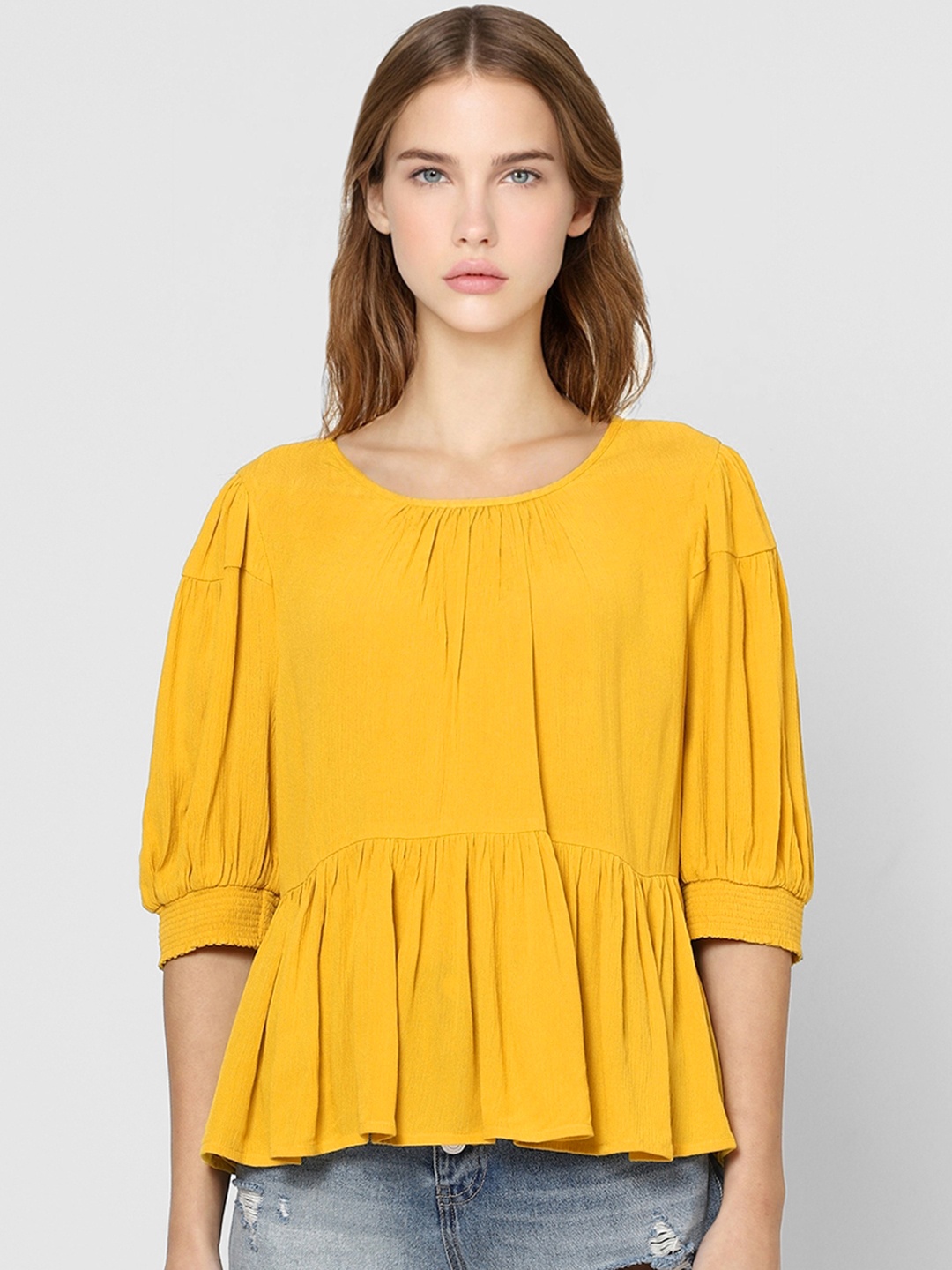 

ONLY Women Mustard Yellow Solid Empire Top