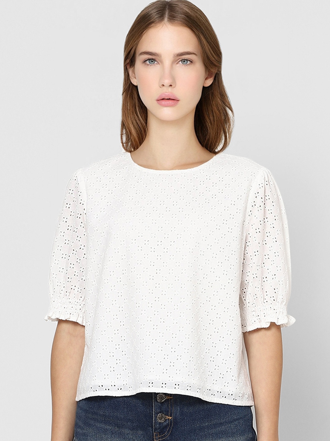 

ONLY Women White Pure Cotton Schiffli Top