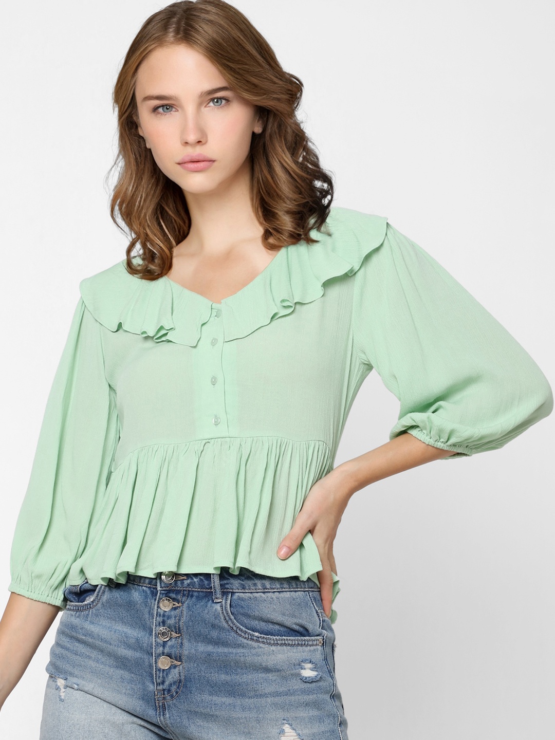 

ONLY Green Solid Ruffles A-Line Top