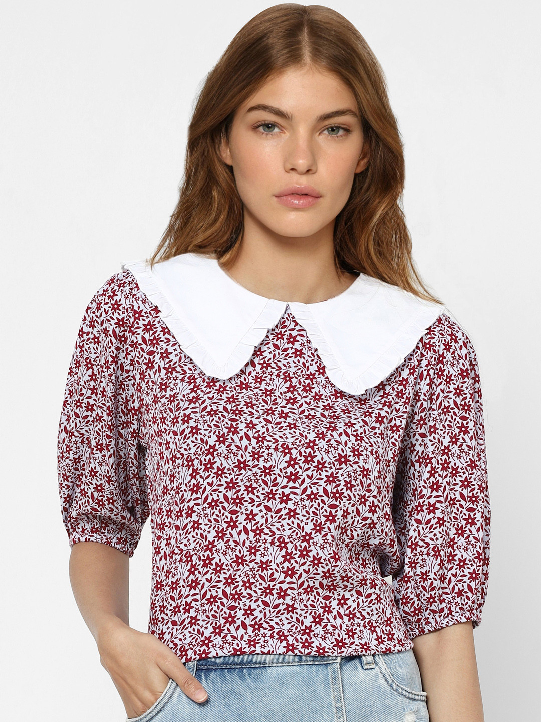 

ONLY White & Red Floral Peter Pan Collar Regular Top