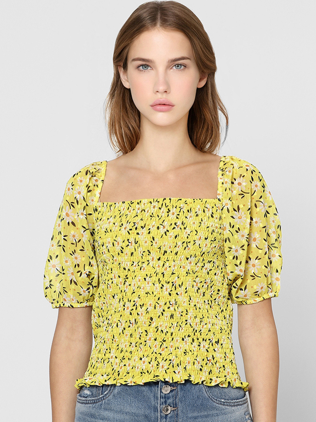 

ONLY Women Yellow & White Floral Print Dobby Weave Smocked Crop Top