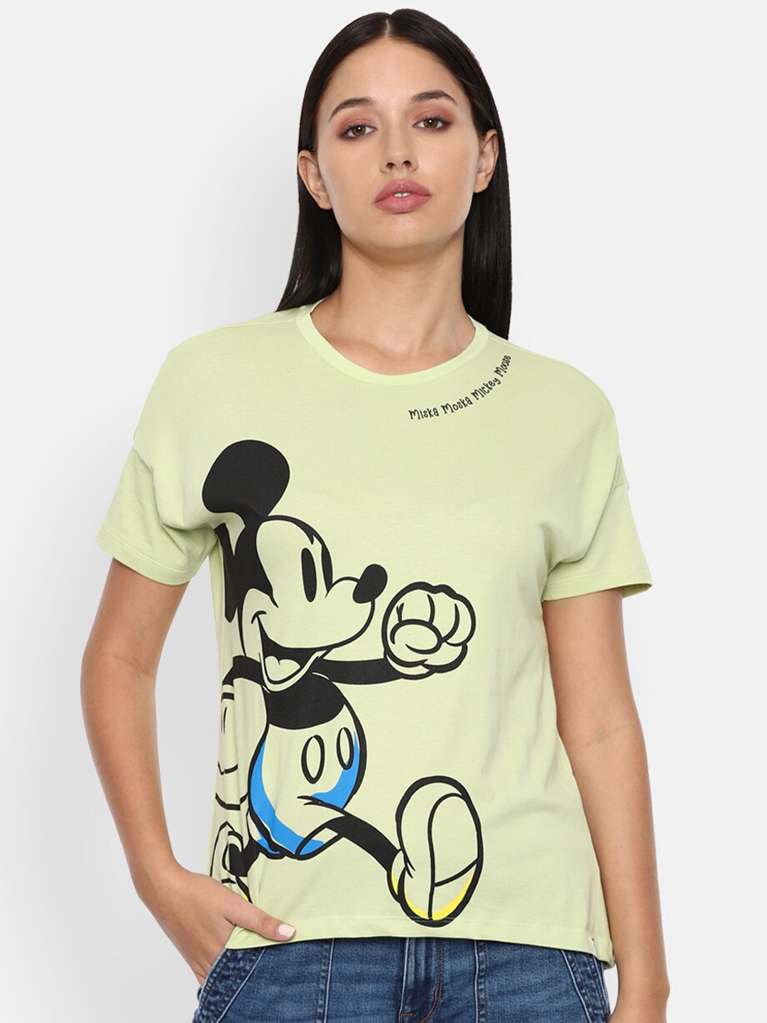 

Van Heusen Woman Pure Cotton Green Mickey Mouse Printed Extended Sleeves T-shirt
