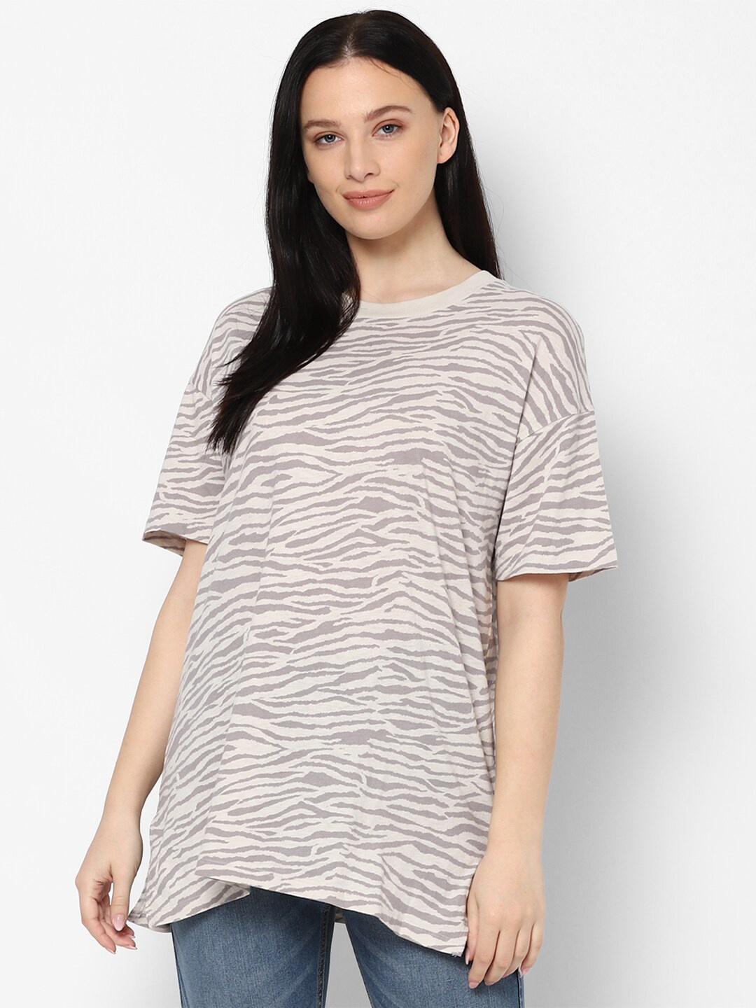 

AMERICAN EAGLE OUTFITTERS Women Cream-Coloured Printed Longline T-Shirt