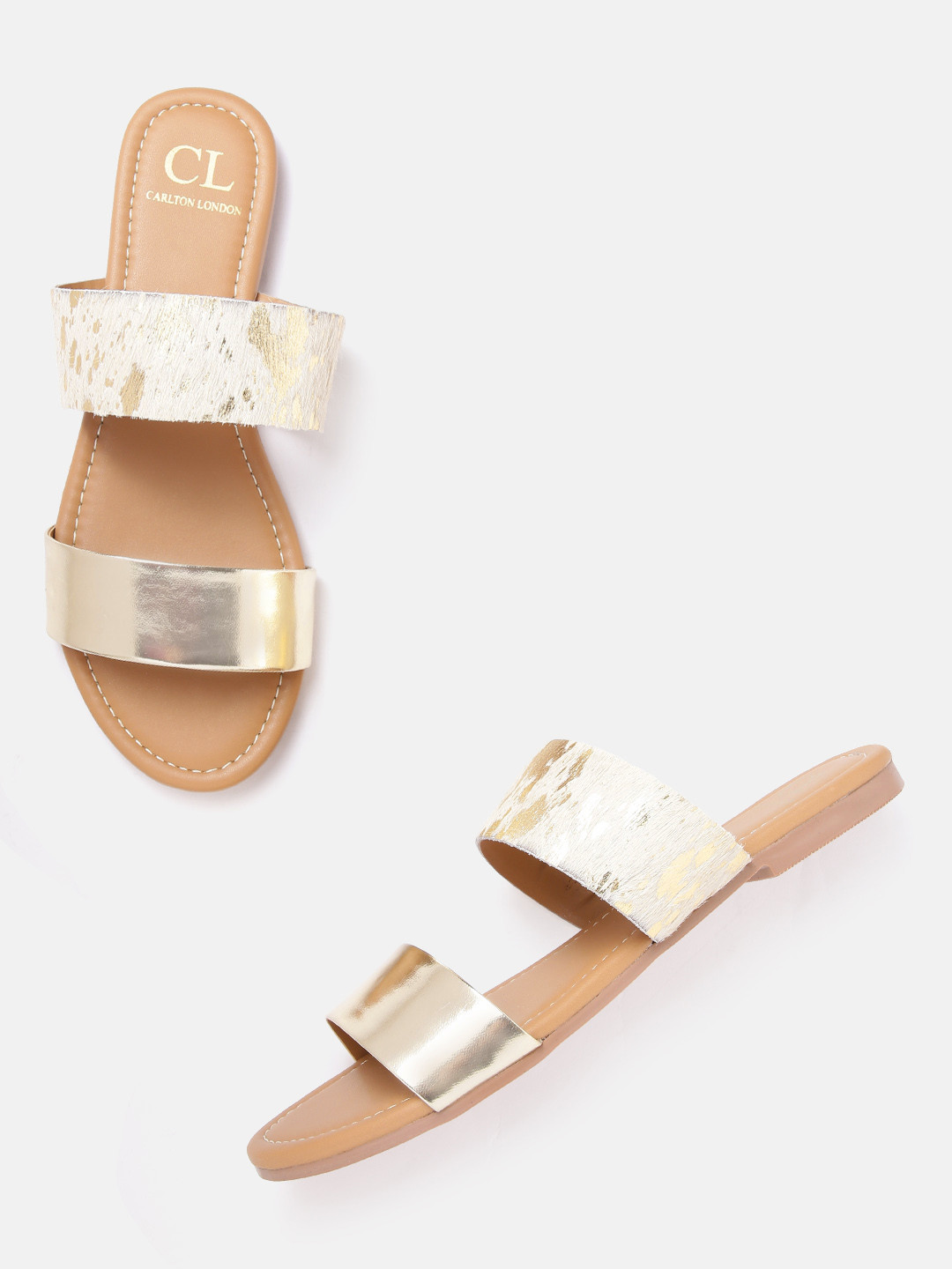 

Carlton London Women Gold-Toned & Off-White Printed Open Toe Flats