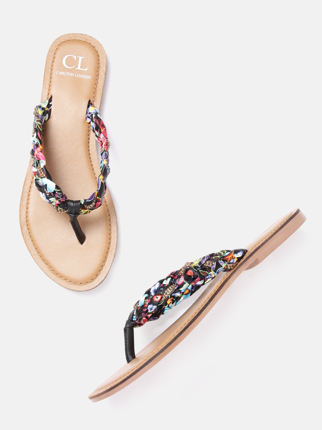 

Carlton London Women Black & Pink Floral Print Braided Open Toe Flats