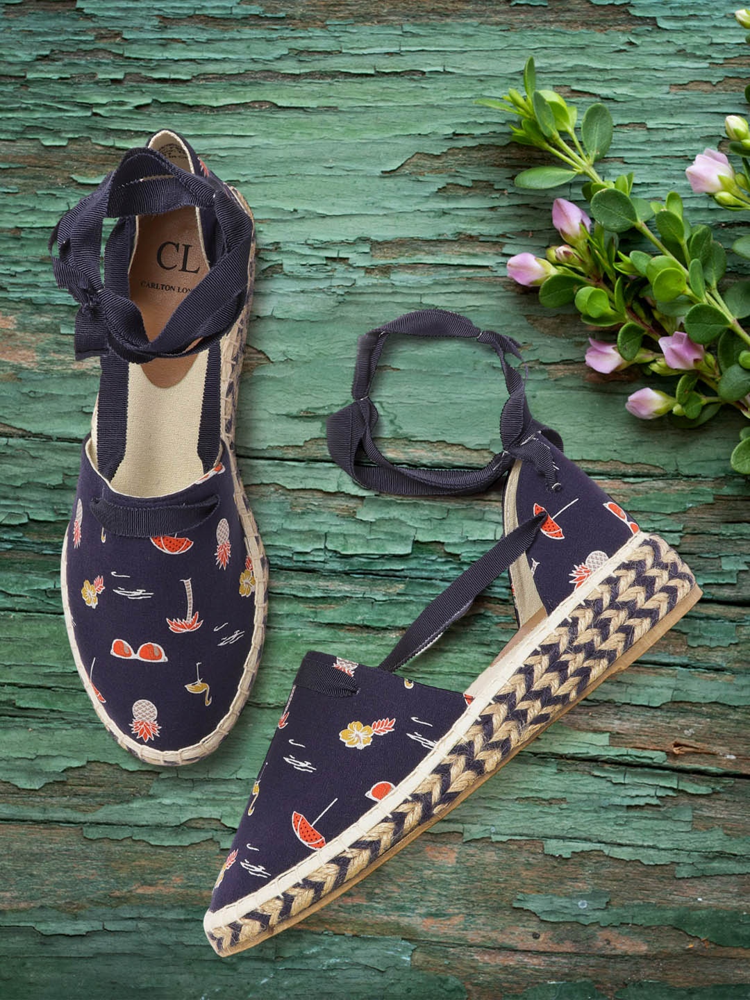 

Carlton London Women Navy & Orange Tropical Print Espadrilles Heels, Navy blue