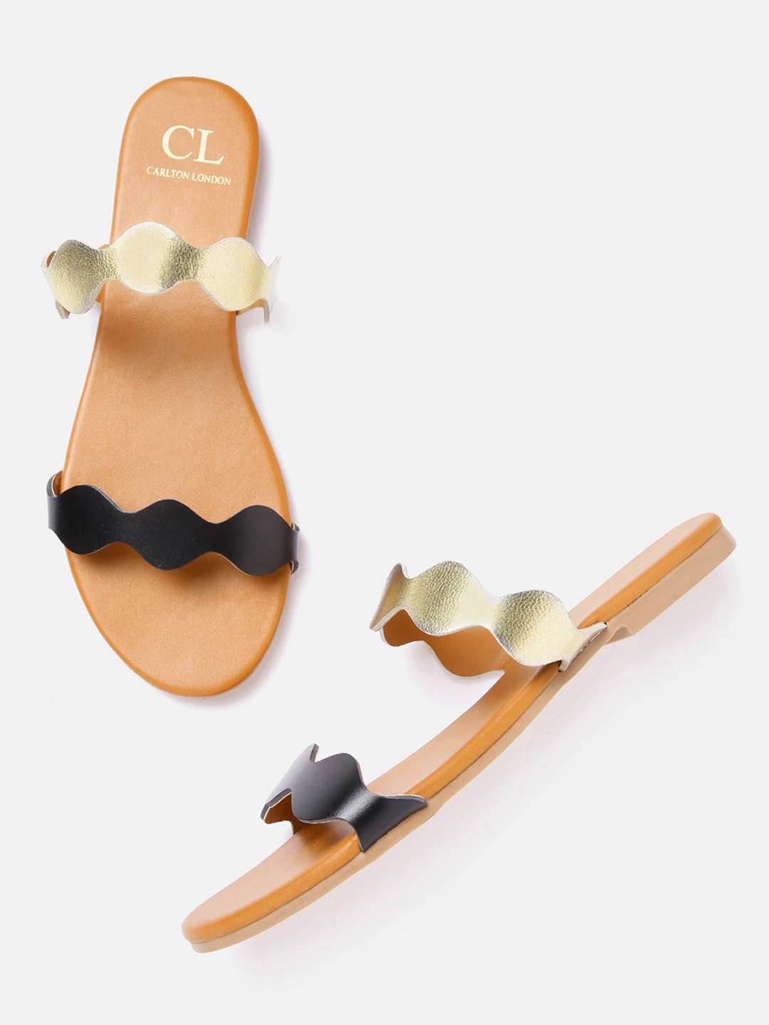 

Carlton London Women Black & Gold-Toned Colourblocked Open Toe Flats
