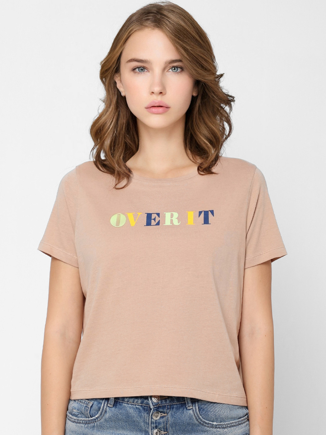 

ONLY Women Beige Typography Printed Pure Cotton T-shirt