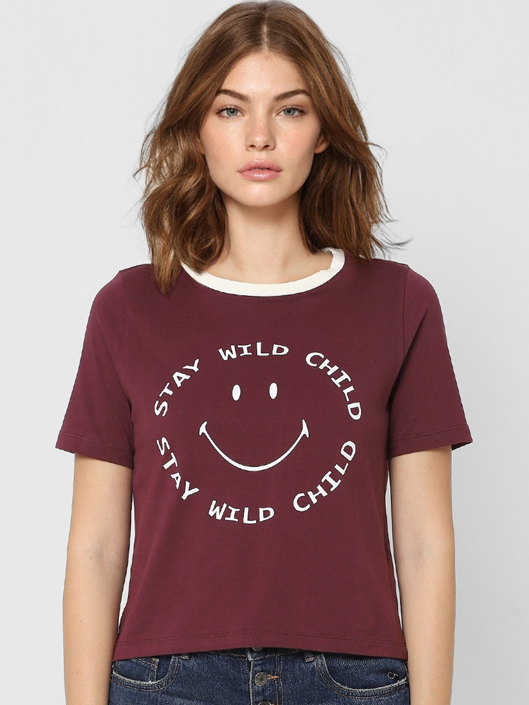 

ONLY Women Red & White Typography Printed Round Neck Pure Cotton T-shirt, Maroon