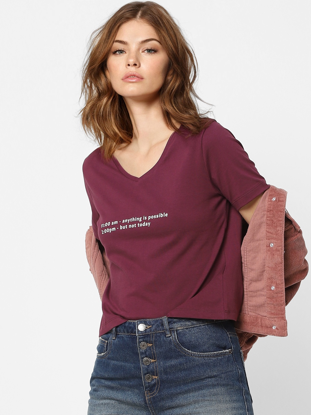 

ONLY Women Red & White Typography Printed V-Neck Pure Cotton T-shirt