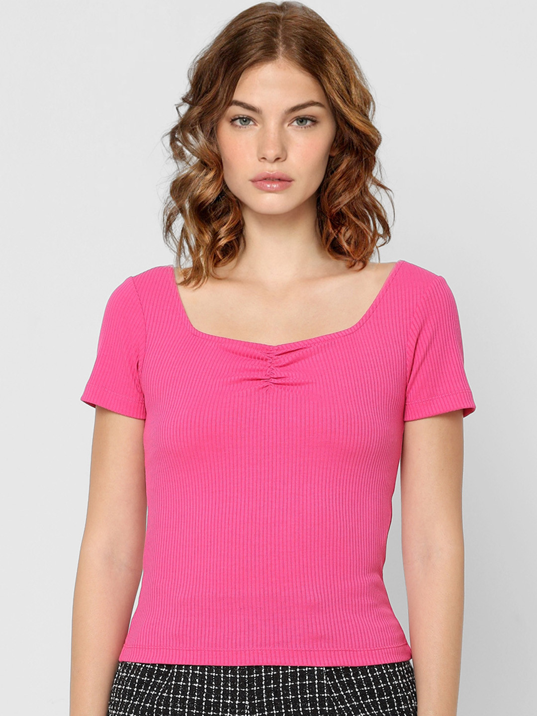 

ONLY Women Pink Sweetheart Neck Ribbed Top