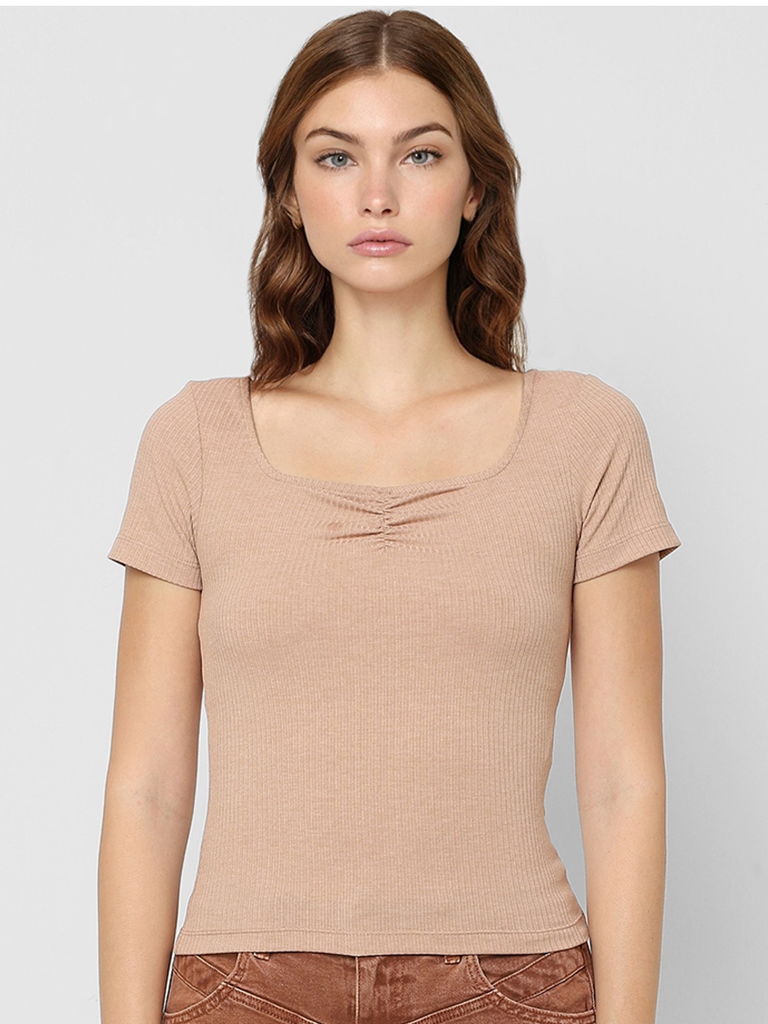 

ONLY Women Beige Sweetheart Neck Ribbed Top