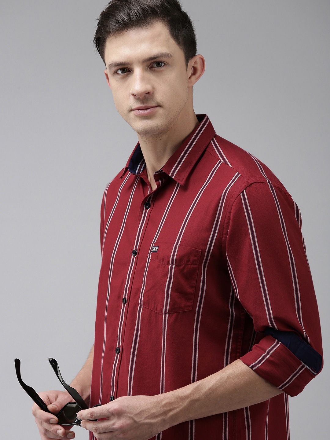 

Arrow Sport Men Rust Red & White Slim Fit Striped Pure Cotton Casual Shirt