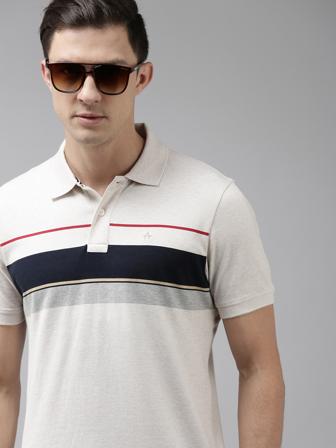 

Arrow Sport Men White & Black Striped Polo Collar T-shirt