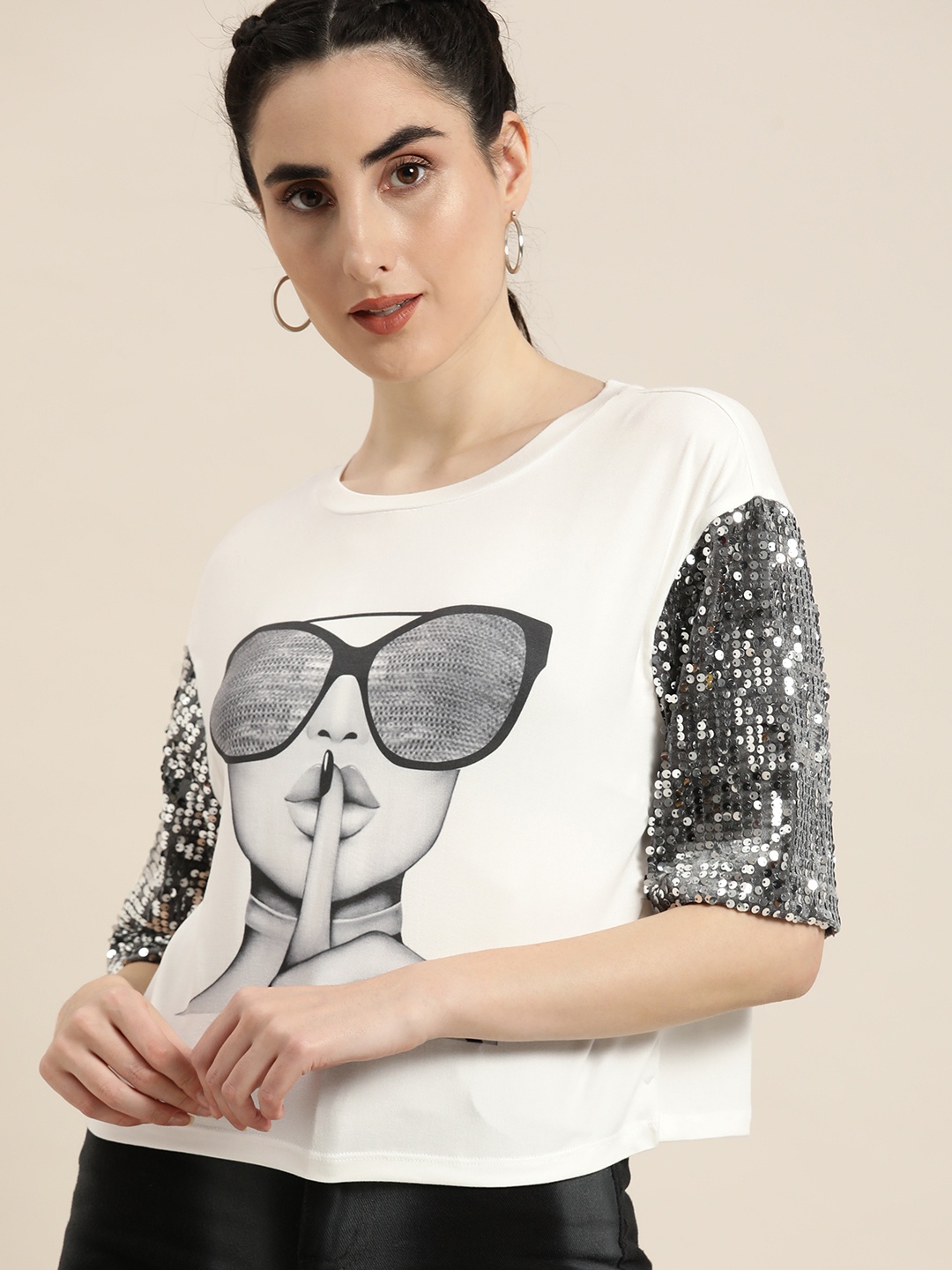 

Moda Rapido Women White & Black Printed Extended Sleeves T-shirt