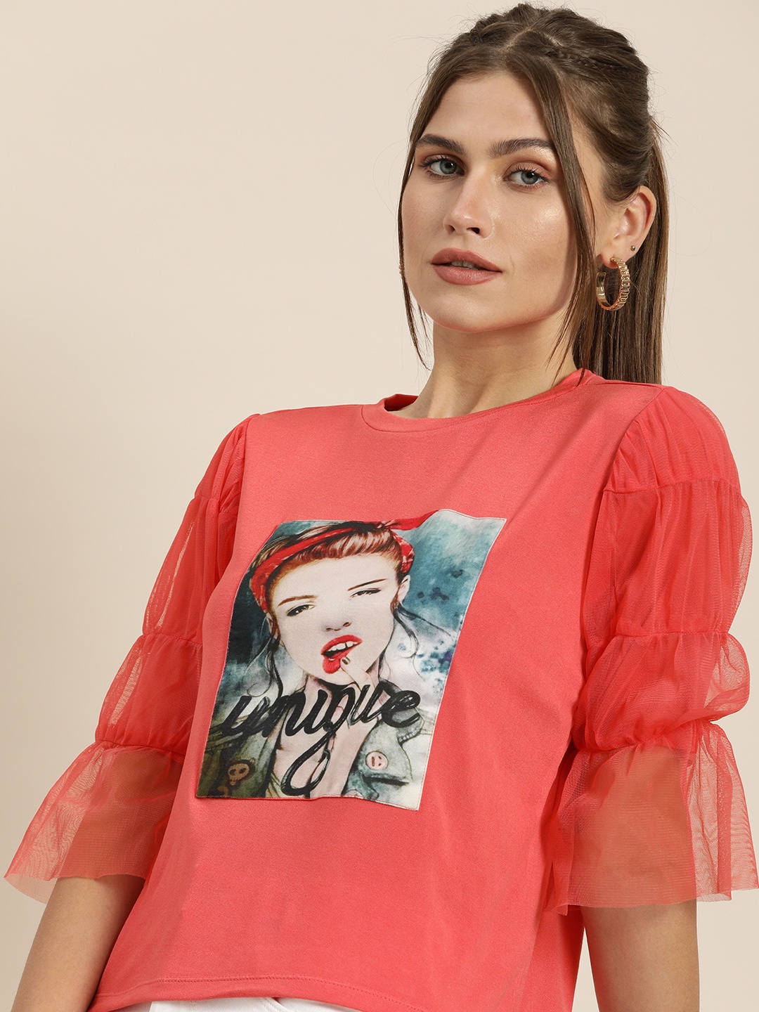 

Moda Rapido Women Coral Printed Puff Sleeves T-shirt