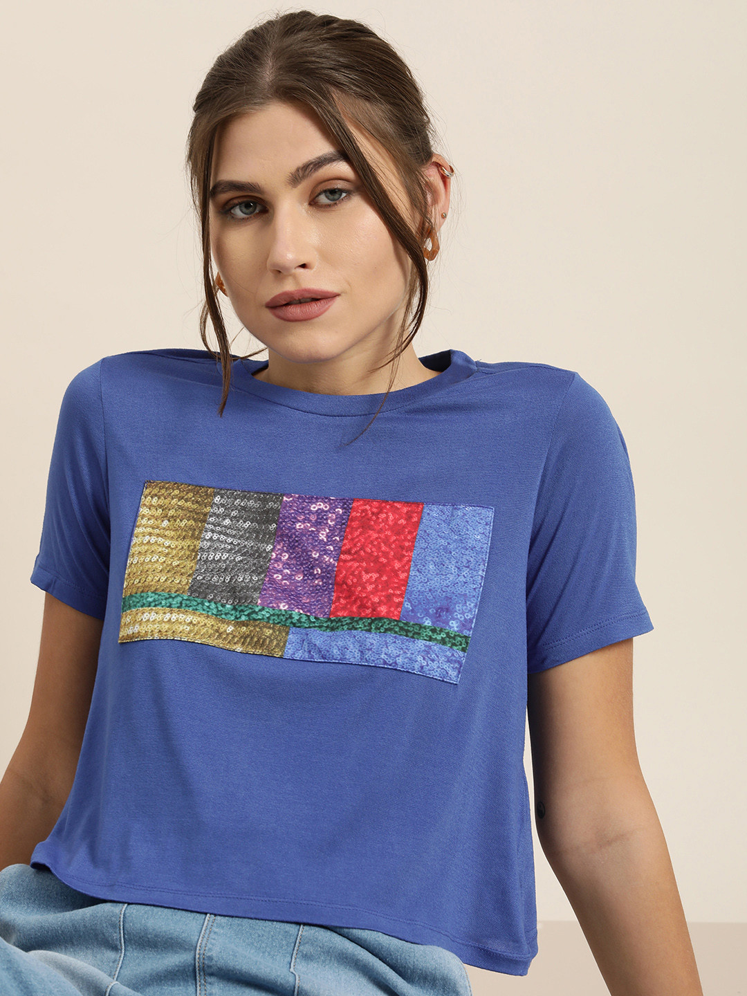 

Moda Rapido Women Blue Printed Casual Crop T-shirt