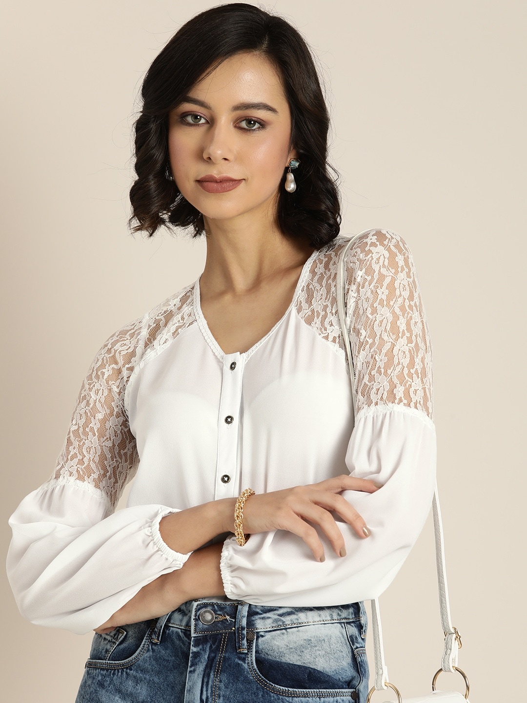 

Moda Rapido Women White Solid Regular Lace Top