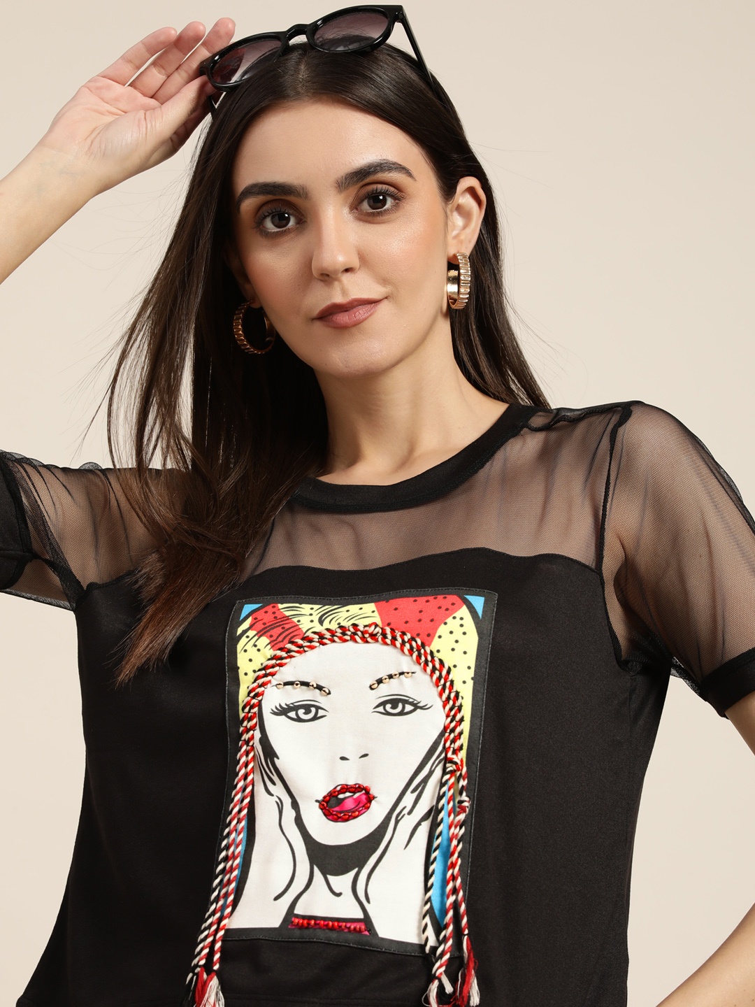 

Moda Rapido Women Black & White Printed Embellished Net Top