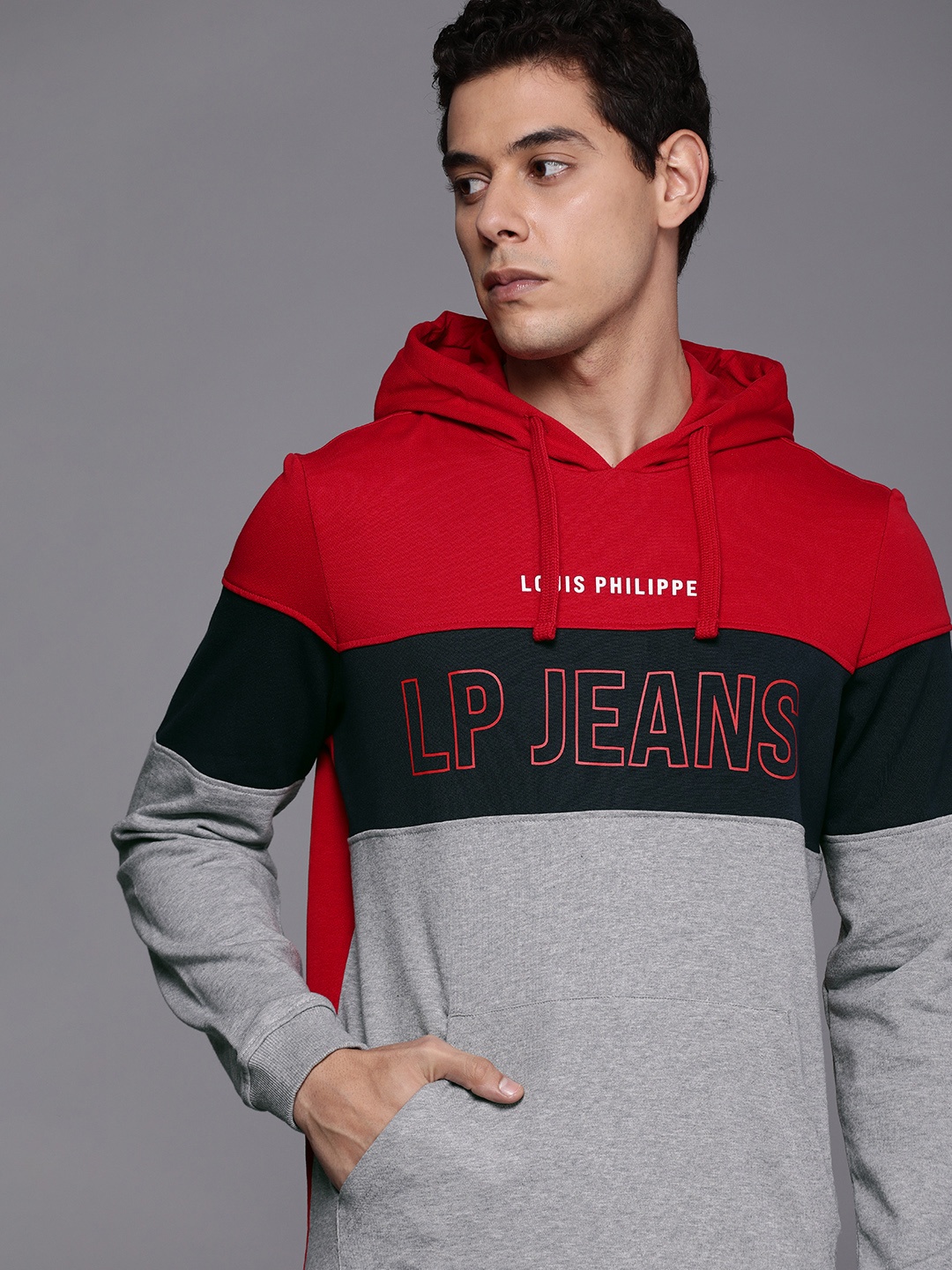 

Louis Philippe Jeans Men Red And Grey Melange Colourblocked Pure Cotton Hooded Sweatshirt