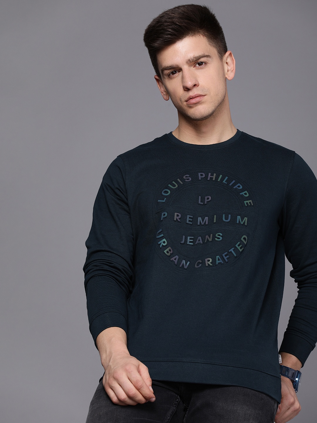 

Louis Philippe Jeans Men Navy Blue Pure Cotton Applique Pullover Sweatshirt