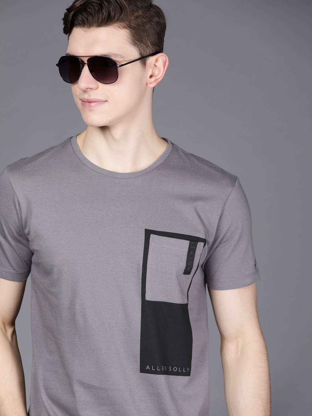 

Allen Solly Tribe Men Charcoal & Black Brand Logo Printed Pure Cotton T-shirt