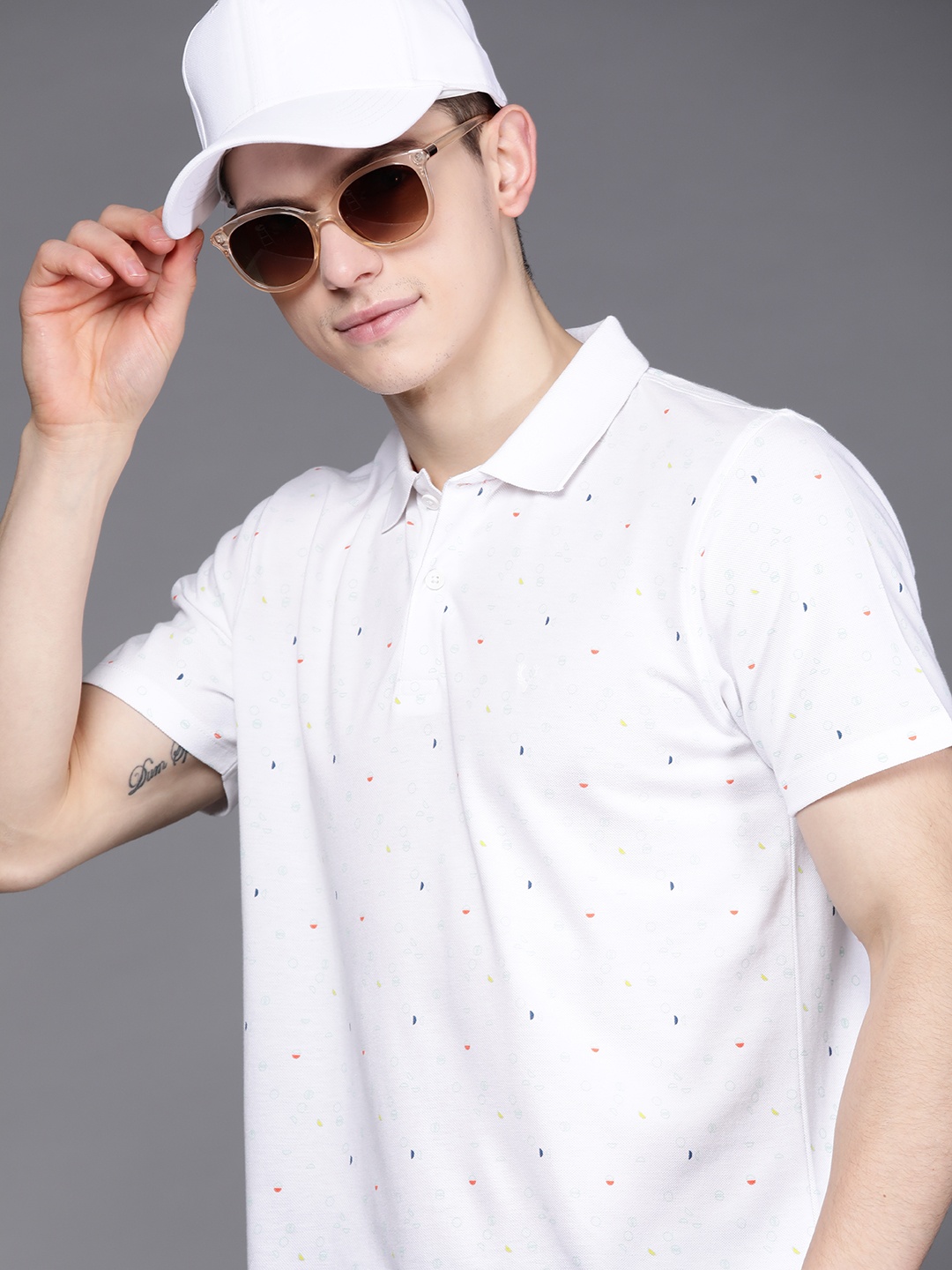 

Allen Solly Tribe Men White & Green Ditsy Print Polo Collar Pure Cotton T-shirt
