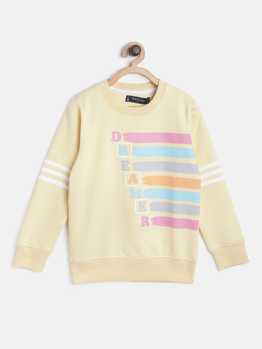 

White Snow Girls Yellow & Pink Printed & Striped Sweatshirt